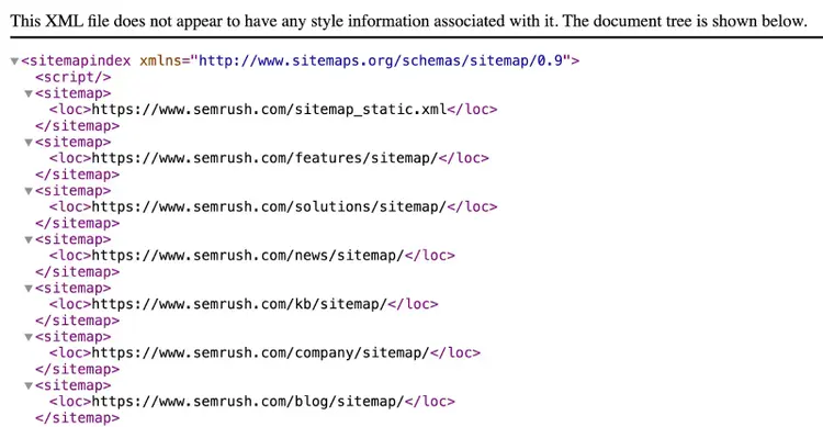 Semrush XML sitemap index listing various URLs.