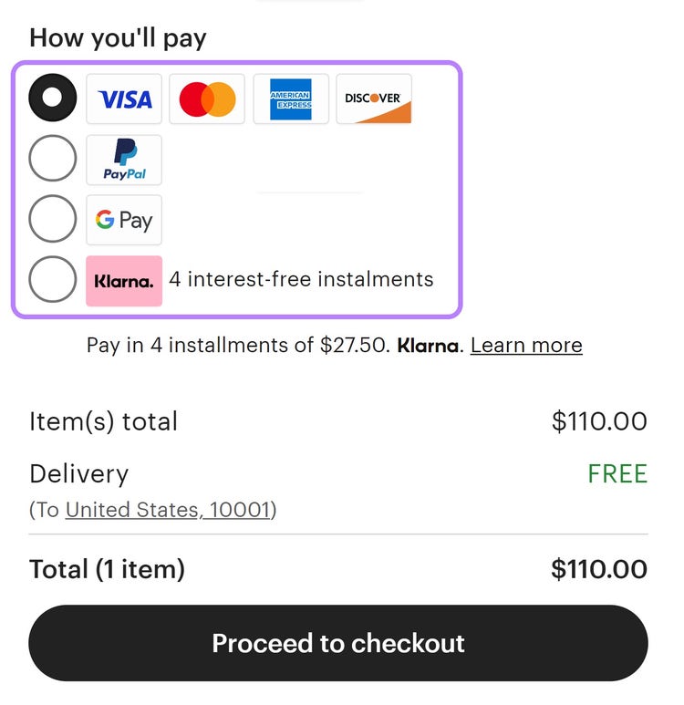 Multiple payment options offered at checkout