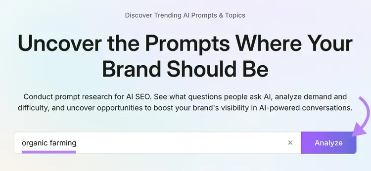 Semrush Prompt Research Tool with “organic farming” entered and the Analyze button highlighted