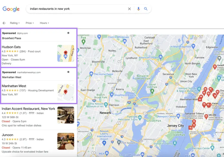 Google local pack results for “best restaurants in new york" query