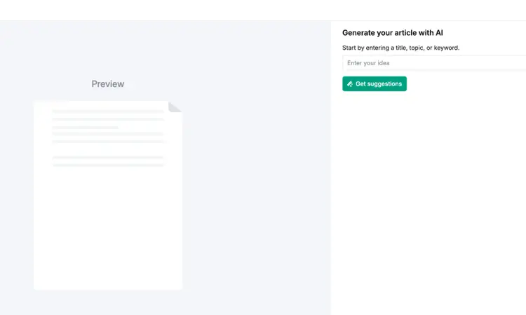 AI Article Generator form with title/topic input and suggestions button