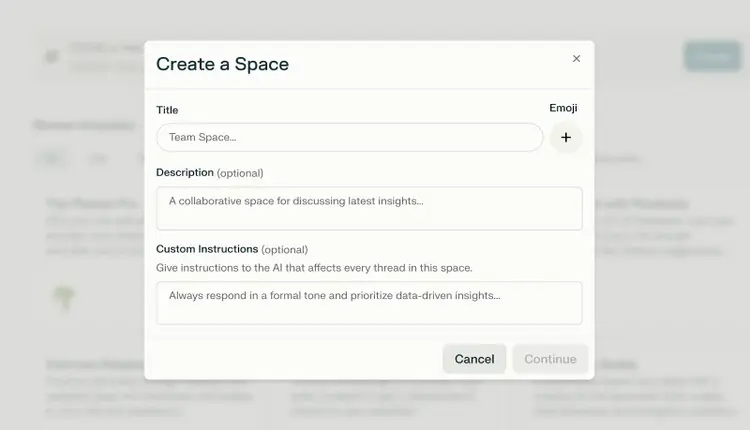 Create a space feature asks for title, description, and custom instructions.