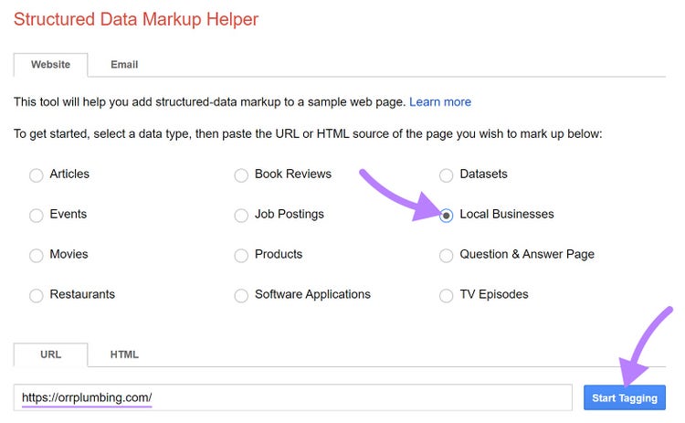 "Local Business" option selected in Structured Data Markup Helper