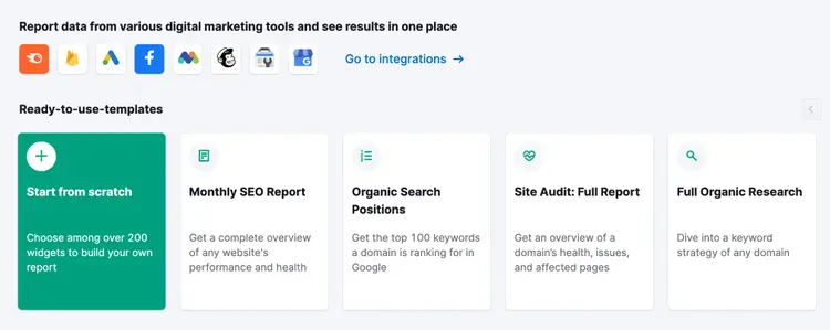 Semrush report templates showing Monthly SEO Report, Organic Search Positions, Site Audit