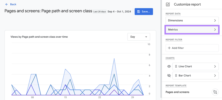 Metrics option highlighted