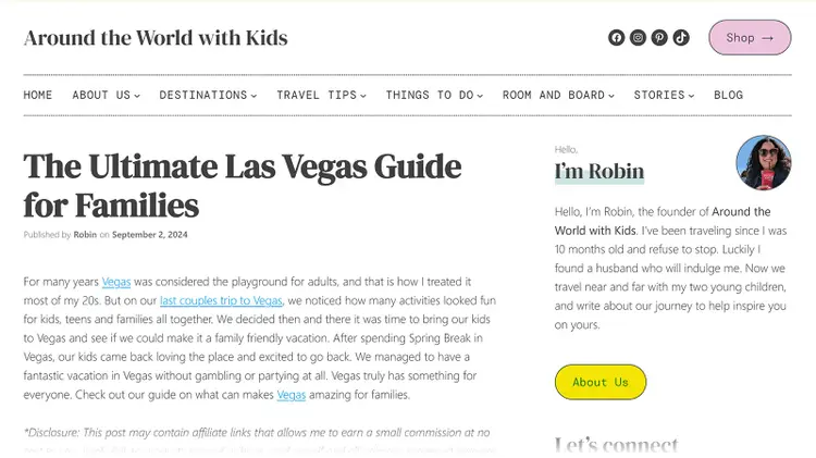 Blog post titled “The Ultimate Las Vegas Guide for Families” with intro text and author bio