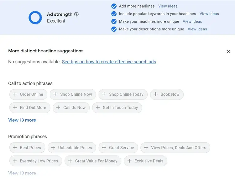 Ad strength dashboard
