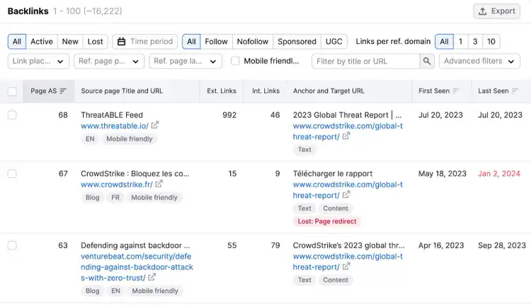 "Backlinks" tab in the Backlinks tool