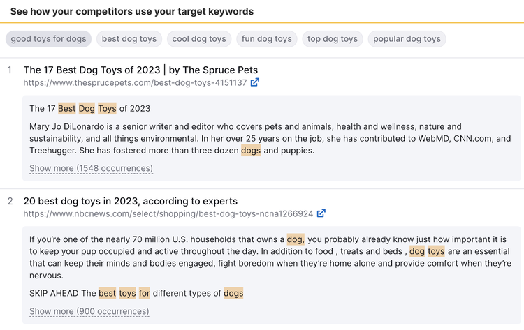 "See how your competitors use your target keywords" page
