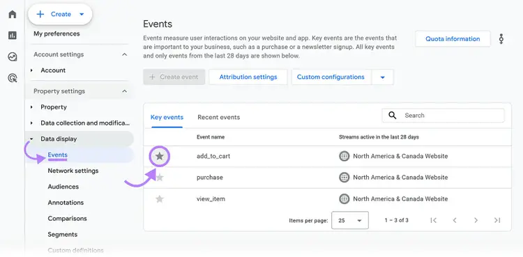 Google Analytics Events settings showing the option to mark events such as add_to_cart as key events