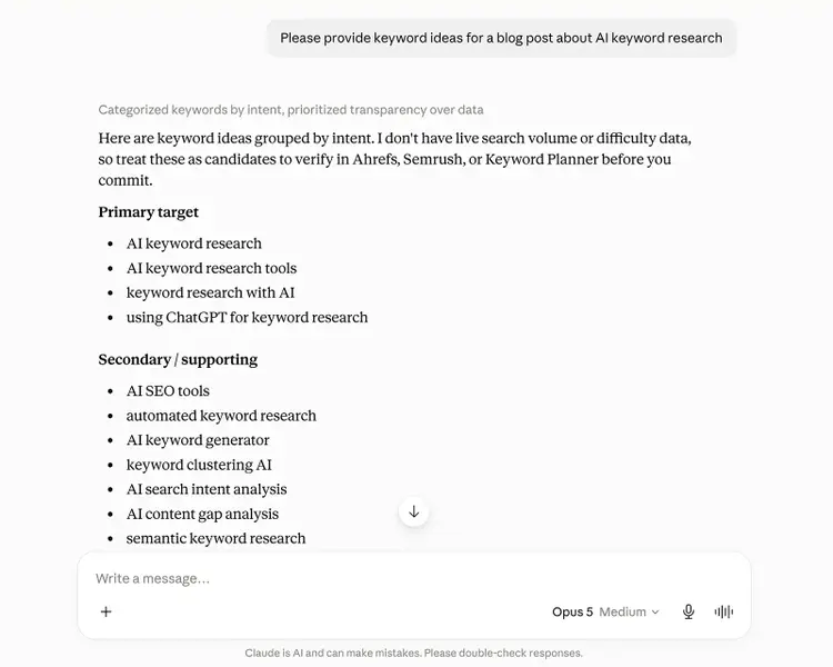 Claude grouping AI keyword research ideas into primary and supporting keywords