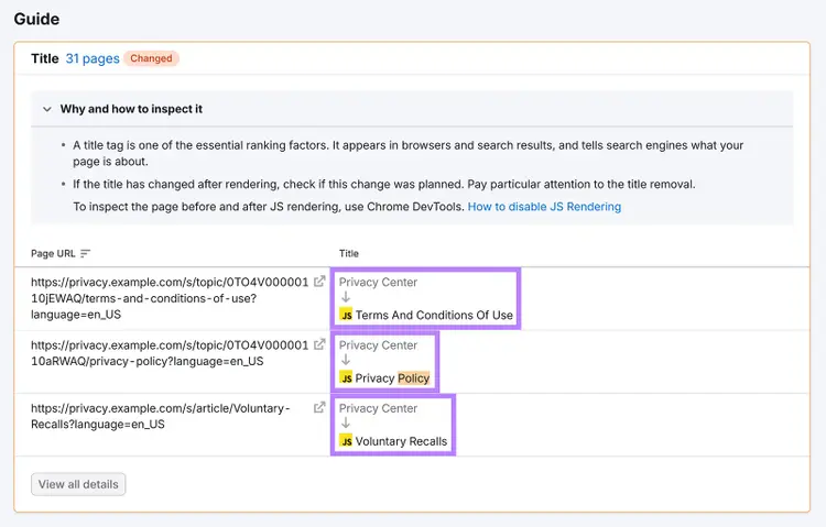 Semrush JS Impact guide showing pages where JavaScript changed page titles after rendering