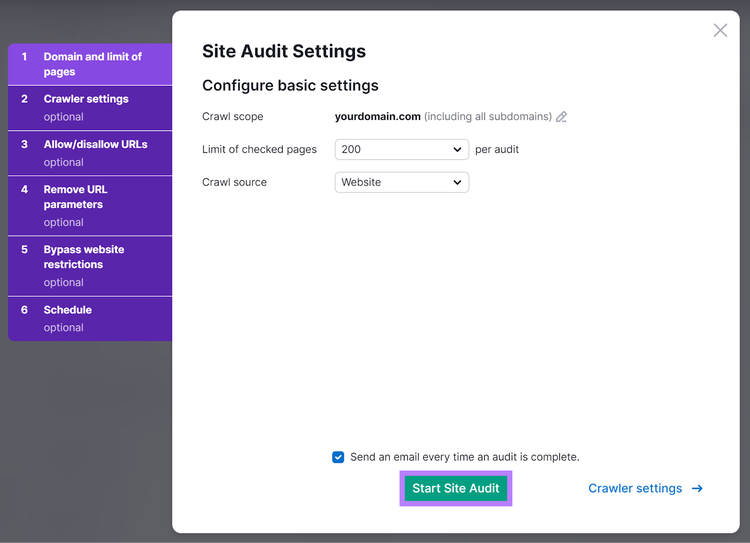 Site Audit settings popup with Start Site Audit button highlighted.