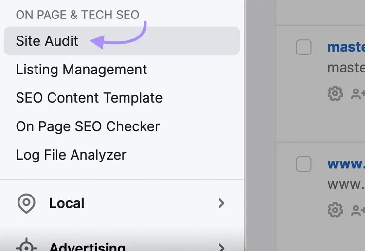 Navigating to Site Audit tool in the Semrush menu