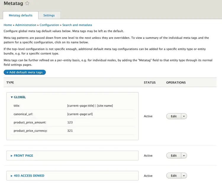 "Metatag defaults" page in Drupal