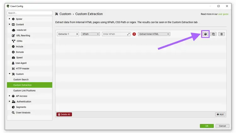 XPath step in Screaming Frog allows you to setup a custom extraction.