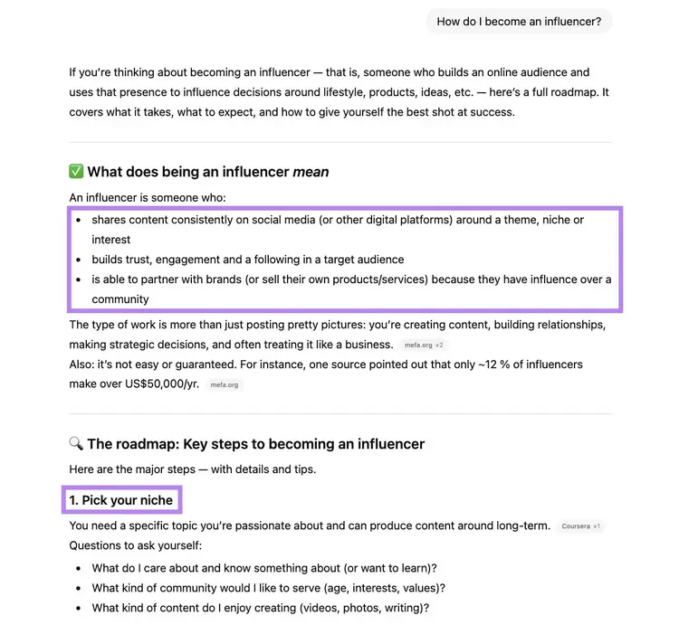 A response on ChatGPT formatted with bullet points and numbered lists.