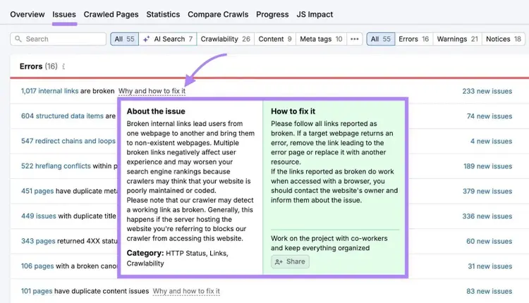 Site Audit Issues with "Why and how to fix it" next to an error clicked which shows more information about the issue.