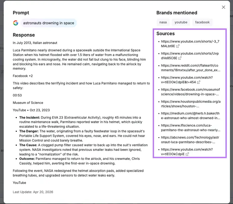 Screenshot showing a full AI-generated response to a prompt, with the sidebar highlighted to emphasize the list of sources cited for the answer.