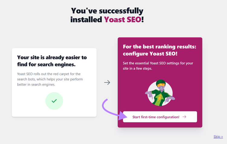 Arrow pointing to 'Start first-time configuration' button for Yoast SEO