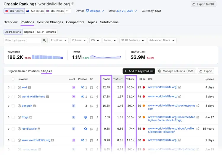 Organic Rankings Positions report showing ranking keywords, keyword traffic, and search volume columns