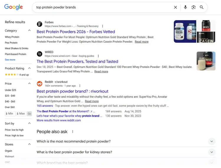Google search results page for “top protein powder brands” showing articles from Forbes, WIRED, and Reddit.