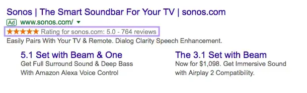 A rating extension displayed with Sonos's search ad
