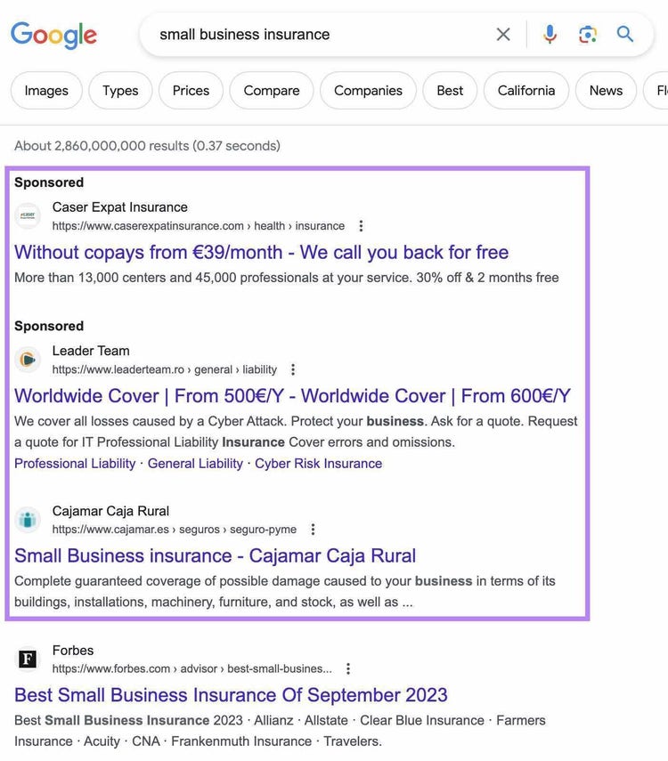 examples of paid search results on Google SERP labeled ‘Sponsored’