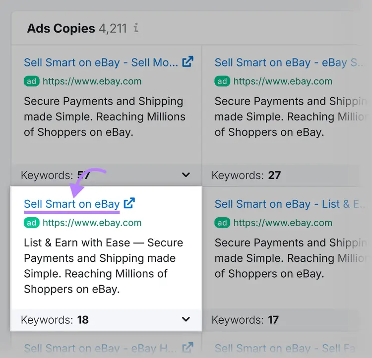 PPC ad variation in Semrush Ads Copies report with clickable headline highlighted