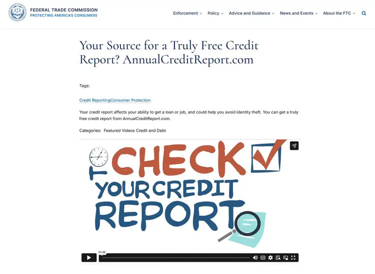 FTC page recommending AnnualCreditReport.com as a source for free credit reports
