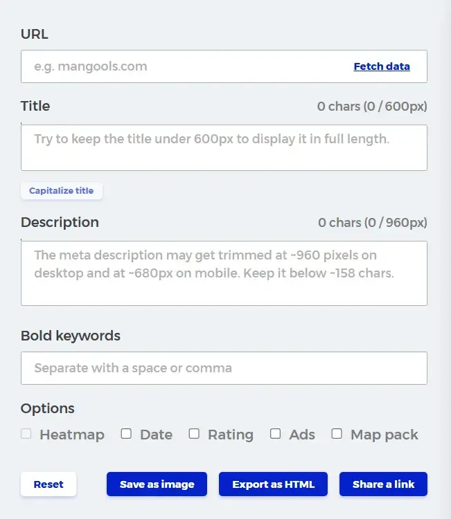 Mangools SERP Simulator tool with URL, title, description fields for preview generation