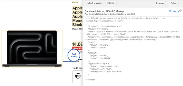 Google Structured Data Markup Helper showing generated JSON-LD structured data markup code for product with all fields
