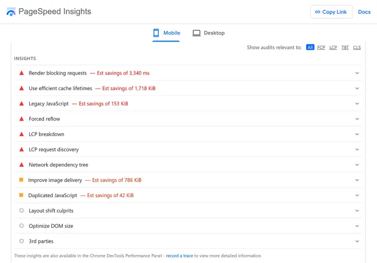 PageSpeed Insights showing mobile audit issues like render-blocking requests and cache lifetime savings.