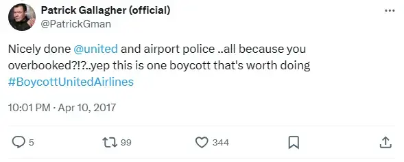 Patrick Gallagher tweet criticizing United Airlines with 99 retweets and 344 likes