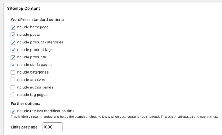 Sitemap Content configuration settings on the XML-Sitemap Generator for Google plugin on WordPress.
