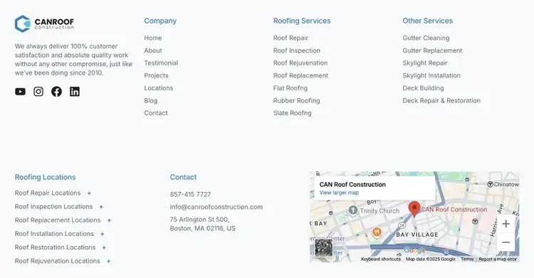 The footer section of a website with links to multiple service pages, each optimized for specific keywords.