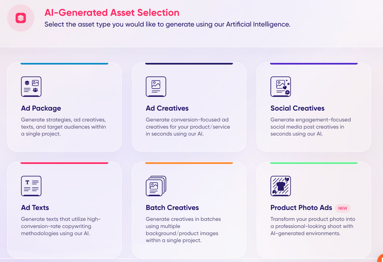 AdCreative.ai AI-Generated Asset Selection with 6 creative options including ads, texts, and product photos.