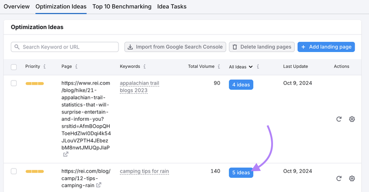 number of ideas button highlighted