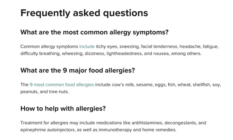 Frequently asked questions at the bottom of a pillar page by Healthline.