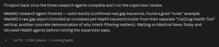 A message on Claude Code reading that'll it report back once the research agents complete and the supervisor review is done.