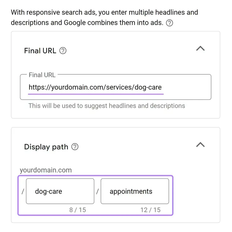 Adding the final URL and display path to Google Ads