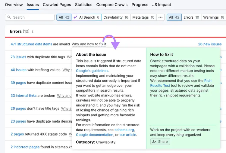 Pop-up explains structured data error with guidance on fixing it using validation tools.