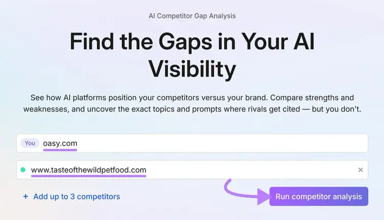 AI Competitor Gap Analysis page with competitor domains and Run competitor analysis button