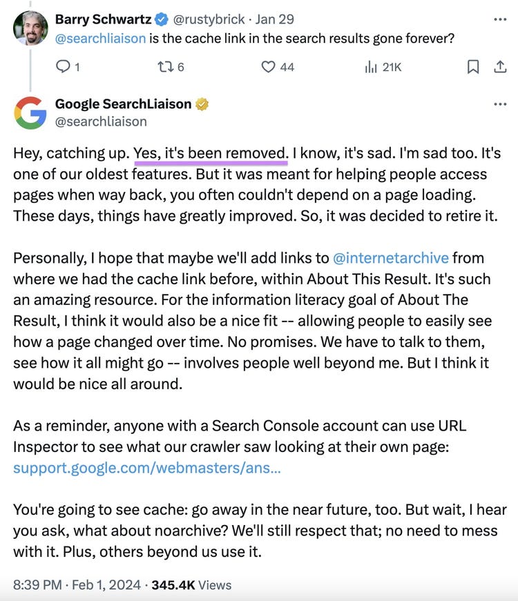 Google Search Liaison's post on X confirming that the search engine had removed the “Cached” links from its SERPs