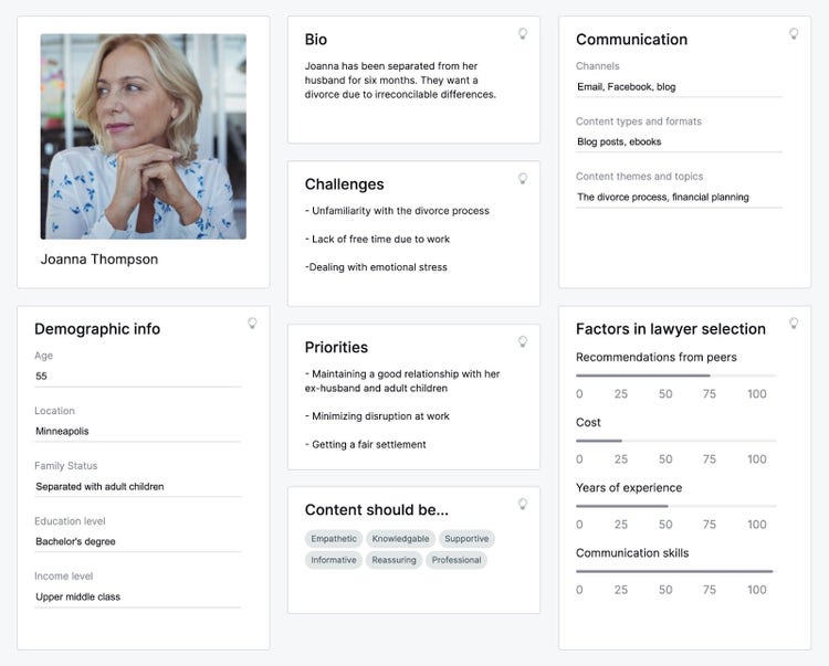 persona profile has demographic info, consumer challenges, priorities, and communication preferences
