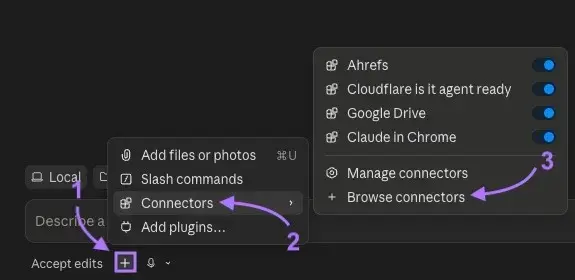 The "+" button clicked, "Connectors" expanded, and "Browse connectors" selected from the options.