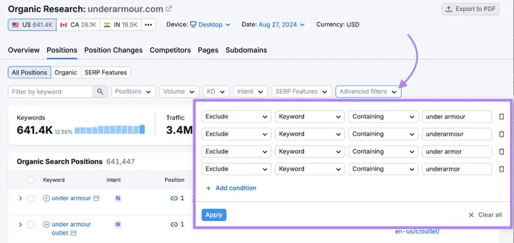 advanced filters with versions of brand name excluded