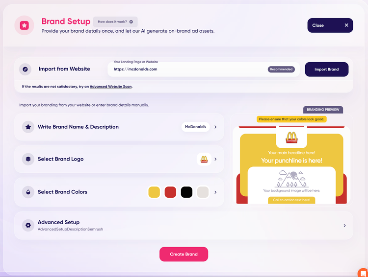 AdCreative.ai Brand Setup form to configure brand details and generate branded assets