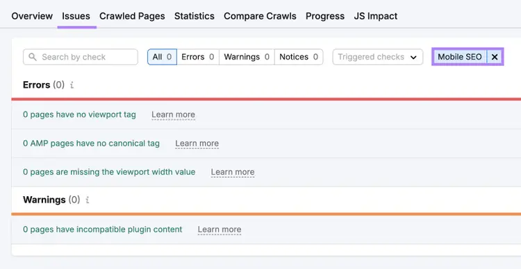search for mobile seo issues in site audit show things like no viewport tag, amp page issues, incompatible plugin content