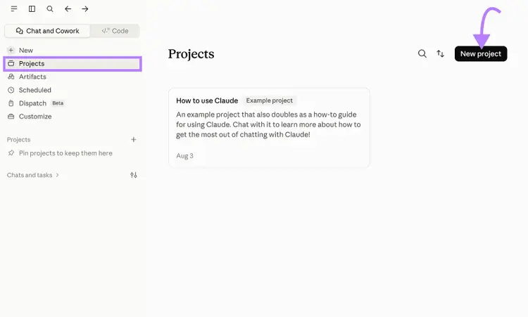Claude Projects page with the Projects menu highlighted and an arrow pointing to the New project button